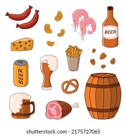 Set with beer and beer snacks in cartoon style. Isolated objects on white.