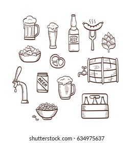 Set of beer and snacks hand drawn icons in vintage style.