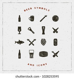 set of beer symbols and icons with letterpress effect. hand drawn design elements. vector illustration