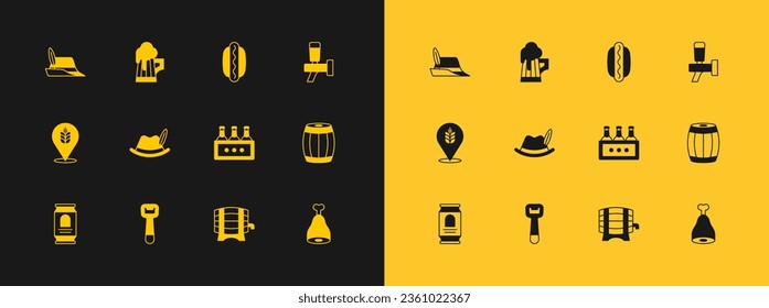 Set Beer tap, Bottle opener, Pack of beer bottles, Wooden barrel on rack, Oktoberfest hat, Hotdog sandwich,  and mug icon. Vector