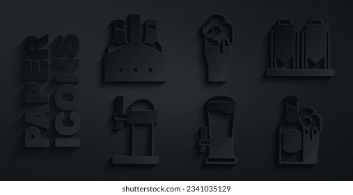 Set Beer tap, brewing process, Dispenser beer, bottle and glass, Glass of and Pack bottles icon. Vector