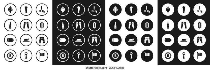 Set Beer tap, Glass of beer, bottle, Hop, Hotdog sandwich with mustard,  and Salami sausage icon. Vector