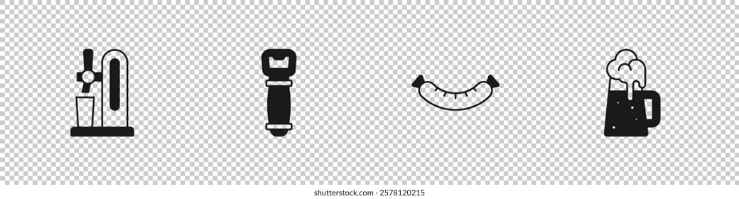 Set Beer tap with glass, Bottle opener, Sausage and Wooden beer mug icon. Vector