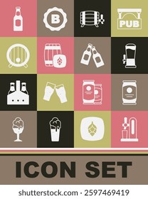 Set Beer tap with glass, can, Wooden barrel, bottle and  icon. Vector