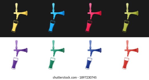 Set Beer tap with glass icon isolated on black and white background. Vector.