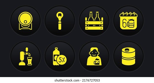 Set Beer tap with glass, Saint Patricks day calendar, bottle, Happy man beer, Pack of bottles, Bottle opener, Metal keg and Wooden barrel on rack icon. Vector