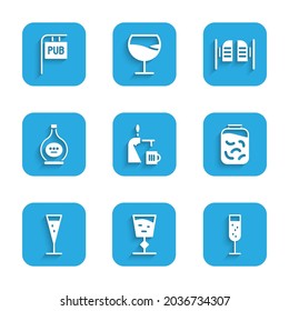 Set Beer tap with glass, Wine, Glass of champagne, Pickled cucumbers jar, Bottle cognac or brandy, Saloon door and Street signboard Pub icon. Vector