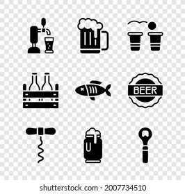 Set Beer tap with glass, Wooden beer mug, pong game, Wine corkscrew, can foam, Bottle opener, Pack of bottles and Dried fish icon. Vector