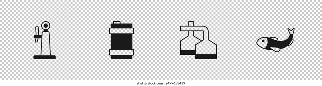 Set Beer tap, Metal beer keg, brewing process and Dried fish icon. Vector