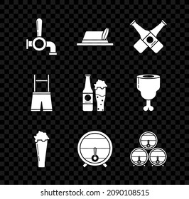 Set Beer tap, Oktoberfest hat, Crossed beer bottle, Glass of, Wooden barrel on rack with stopcock, Lederhosen and and glass icon. Vector