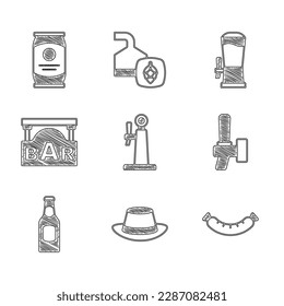 Set Beer tap, Oktoberfest hat, Sausage, bottle, Street signboard with Bar,  and can icon. Vector