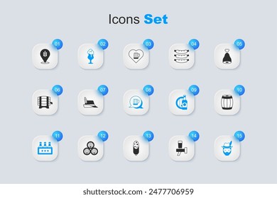 Set Beer tap, Oktoberfest hat, Glass of beer, Pack bottles, man, Wooden barrel, Wheat and mug icon. Vector