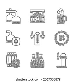 Set Beer tap, Pack of beer bottles, Dispenser, Bottle cap with, Wooden barrel, brewing process, mug and  icon. Vector