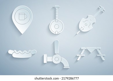 Set Beer tap, Violin, Hotdog sandwich, Picnic table with benches, Banjo and Alcohol or beer bar location icon. Vector