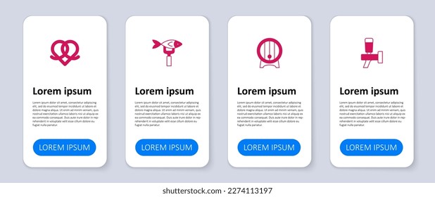 Set Beer tap, Wooden barrel on rack, Dried fish and Pretzel. Business infographic template. Vector