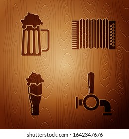 Set Beer tap, Wooden beer mug, Glass of beer and Musical instrument accordion on wooden background. Vector