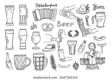 Conjunto de temas de cerveja. Copo de cerveja, caneca com cerveja, garota com cerveja. Chapéu tirolês, acordeão, pretzel. Cultura alemã. Desenhado à mão