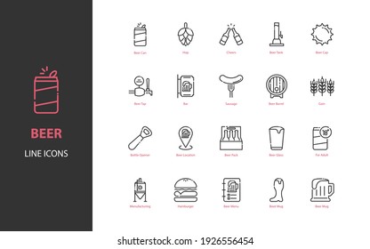 set of beer thin line icons, brewery, drinks, alcohol