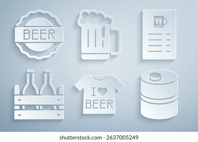 Set Beer T-shirt, menu, Pack of beer bottles, Metal keg, Wooden mug and Bottle cap with icon. Vector