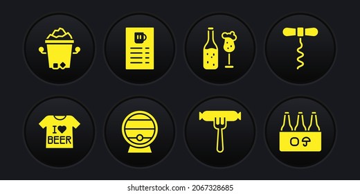 Set Beer T-shirt, Wine corkscrew, Wooden barrel on rack, Sausage the fork, bottle and glass, menu, Pack of beer bottles and Ice bucket icon. Vector