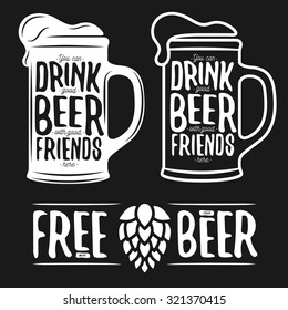 Set of beer typography vintage prints. Quotes about beer. Free wi-fi. Cold beer. Vector illustration.