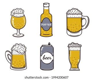 Set of beer vector icons. Alcohol in a glass, mug, bottle, aluminum can, cup. Isolated illustration on a white background. Wheat drink with foam. Oktoberfest symbol, flat style. Ale, porter, lager.