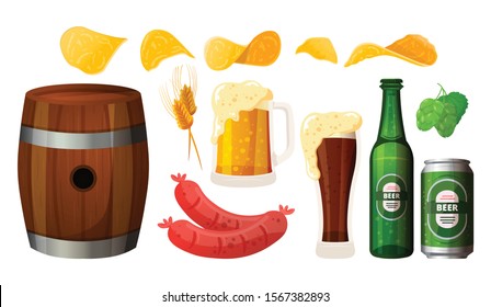 Set of beer vector illustration isolated on white background. Different varieties of beer and a set of snacks
Barrel, glass bottle, can, glasses with dark and light beer, hops, malt, chips, sausages