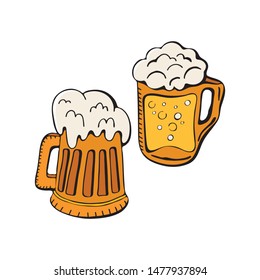 Set of beer. Vector line art, hand drawn Doodle cartoon Oktoberfest themed elements, objects and symbols. Isolated objects on white background. Two Beers.