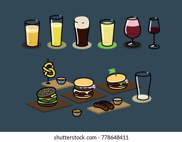 Set of beer, wine and food icons for menu. Can be placed as decoration posters in bar. One of the burgers with dark bread is vegeterian.