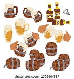 A set of beer. Wooden barrels with a tap, wooden mugs with foam, glass mugs, glasses, bottles, bottle opener, clink glasses. Oktoberfest, brewery, bar, party, stickers, color. Vector color in cartoon