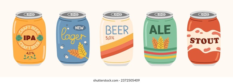 Set of beers in aluminum cans. Colored hand drawn illustration of different beer types, labels. Design elements for menu restaurant, pub.