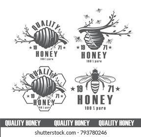 set of bees background, vintage vector icons, nectar, packing product. Figure bees, the design of a natural product.