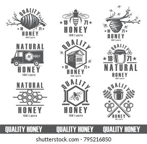 set of bees background, vintage vector icons, nectar, packing product. Figure bees, the design of a natural product.