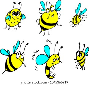 Set of bees of different characters on an isolated background. Vector illustration. For design