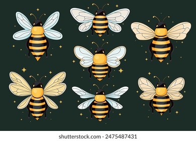 Conjunto de abejas con diferentes alas. Insectos voladores de dibujos animados, abejas aladas, lindos insectos abejorros a rayas. Ilustración vectorial plana. Dibujado a mano. 