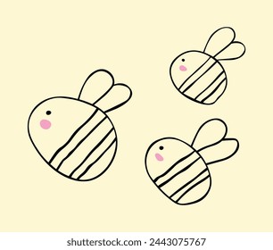Set of bees in doodle style. Children's drawing of insects in flat style. Vector illustration concept of childhood. EPS10