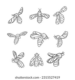 Set of bees. Doodle vector illustration. Isolated on a white background.