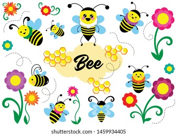 Set of bees with flowers, honeycombs and patterns on a white background
