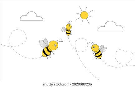 Set of bees flying up high on white background near sun and clouds. Bees flying on a dotted route. Flat cartoon vector illustration