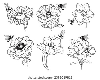 Set of bees flying near flowers. Collection of stylized logo with a honey bee collecting nectar. Pollination of a flower. Honey farm. Vector illustration on a white background.