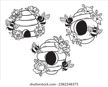 Set of bees flying near the hive. Collection of stylized floral logo with honey bee. Honey farm. Vector illustration on a white background.