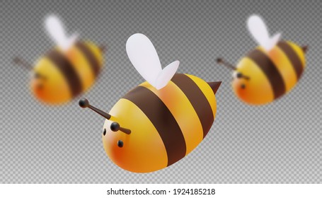 A set of bees in focus and out of focus. Two blur step. Cartoon style. 3D illustration. Vector.