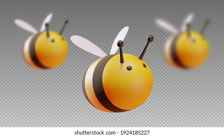 A set of bees in focus and out of focus. Two blur step. Cartoon style. 3D illustration. Vector.