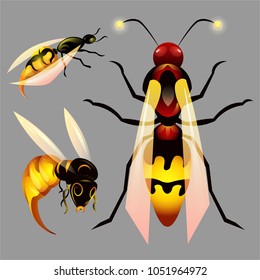 set of bees for game or cartoon on a gray background