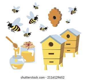 set of bees, glass jars of honey and various hives, a ladle for honey. Beekeeping, beekeeping equipment, cartoon objects isolated on a white background stock vector illustration.