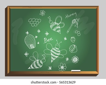 Set with bees, honey, beehive and flowers on a chalkboard background. Vector illustration.