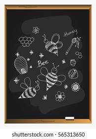 Set with bees, honey, beehive and flowers on a blackboard background. Vector illustration.