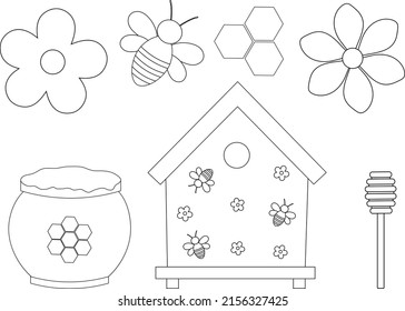 Set bees honey coloring vector illustration