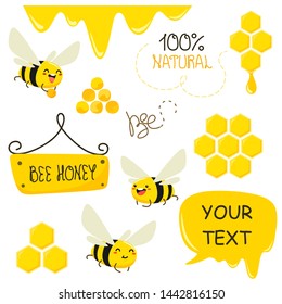 Set of bees, honey, lettering, signboard, pollen, honeycomb. Vector illustration in cartoon kawaii style.