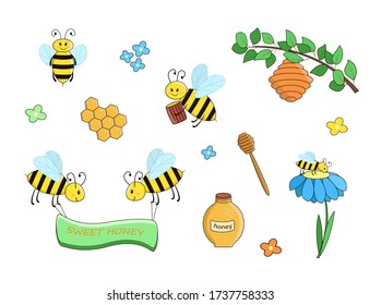 Bienen und Honig. Vector Zeichnungen von lustigen Honigbienen und Bienenstöcken.